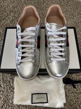 Gucci Silver Leather Sneakers with Red & Blue Web